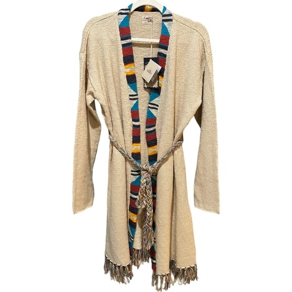 Faherty Cardigan Size Medium Large Aztec Tie Fringe Ivory Sweater - Picture 2 of 10